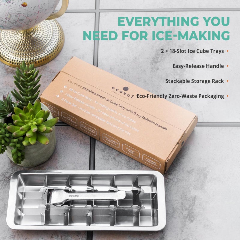 Ecozoi Stainless Steel Ice Cube Tray - 2 Pack of 18-Slot Metal Ice Cube Trays with Easy Release Lever - Plastic-Free, Eco-Friendly, Stackable Retro Vintage Ice Trays for Bars & Kitchens - Image 4